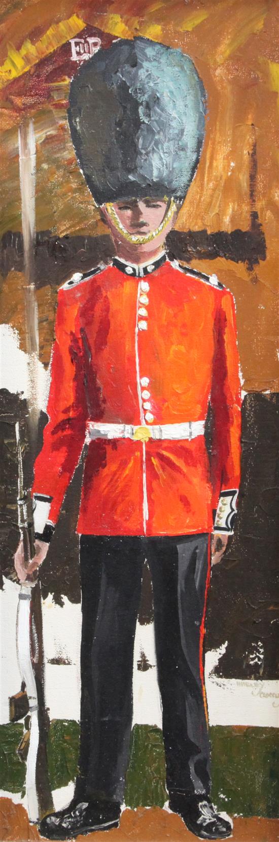 Harley Crossley (b.1936-) Guardsmen and a Beefeater, 23.5 x 8.5in.